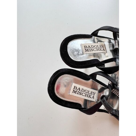 BADGLEY MISCHKA Java Black Satin Velvet Crystal TT-Stra Stiletto Heels, Size 7.5 - Picture 3 of 15